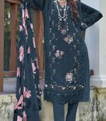 Blue embroidered faux georgette with sequence work semi stitched straight suit