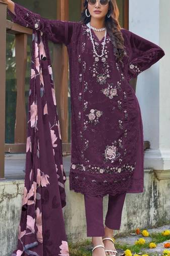 Magenta embroidered faux georgette with sequence work semi stitched straight  suit