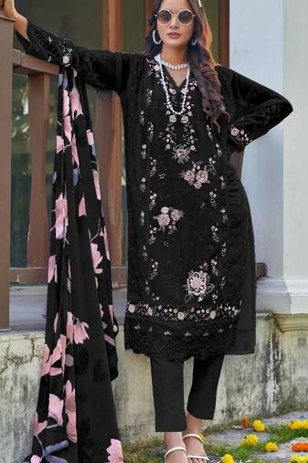 Black embroidered faux georgette with sequence work semi stitched straight  suit
