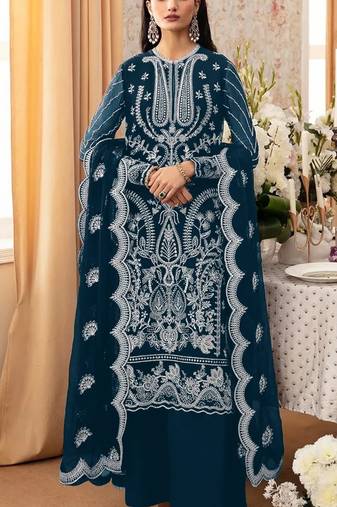 Blue embroidered faux georgette with sequence work semi stitched salwar  suit