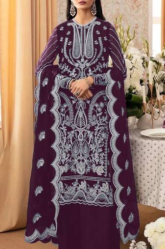 Purple embroidered faux georgette with sequence work semi stitched salwar  suit
