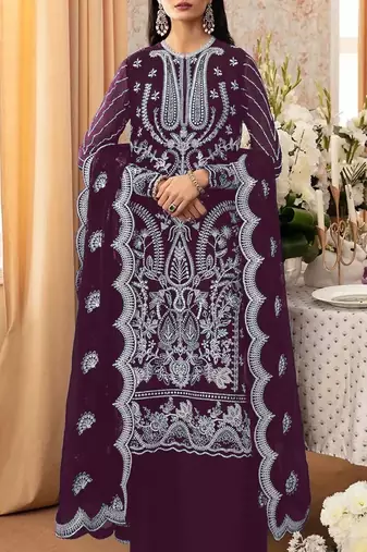Purple embroidered faux georgette with sequence work semi stitched salwar  suit
