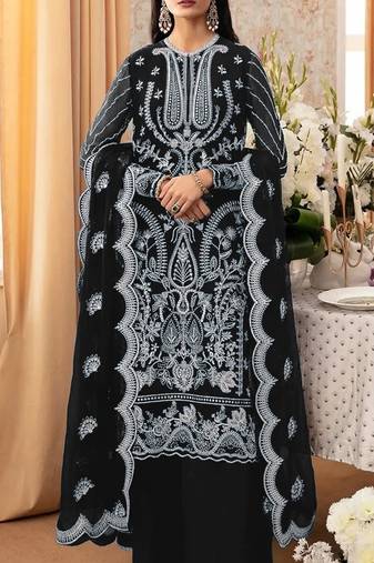 Black embroidered faux georgette with sequence work semi stitched salwar  suit