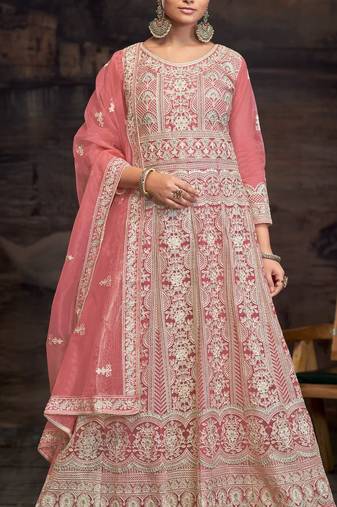 Light pink embroidered twill net with chain work semi stitched anarkali suit