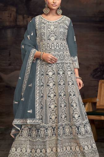 Grey embroidered twill net with chain work semi stitched anarkali suit
