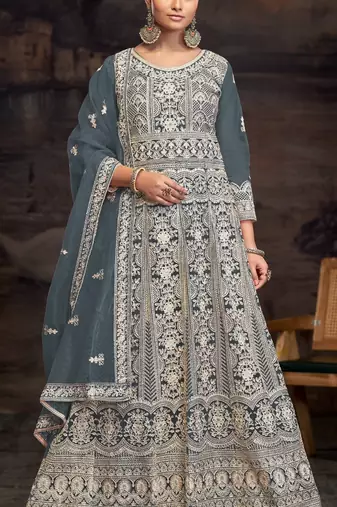 Grey embroidered twill net with chain work semi stitched anarkali suit