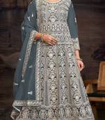 Grey embroidered twill net with chain work semi stitched anarkali suit