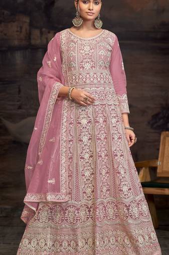 Pink embroidered twill net with chain work semi stitched anarkali suit