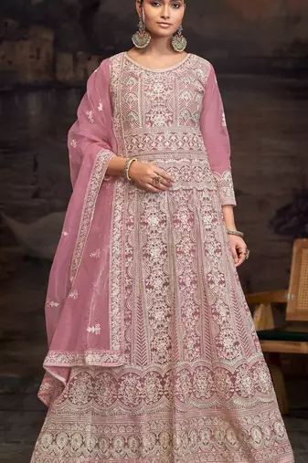 Pink embroidered twill net with chain work semi stitched anarkali suit