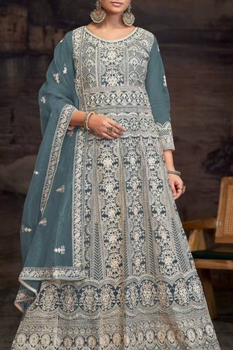 Light blue embroidered twill net with chain work semi stitched anarkali suit