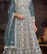 Light blue embroidered twill net with chain work semi stitched anarkali suit