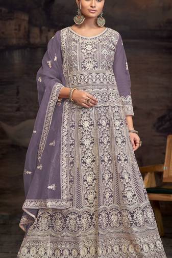 Lavender embroidered twill net with chain work semi stitched anarkali suit