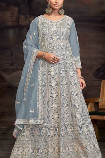 Sky blue embroidered twill net with chain work semi stitched anarkali suit