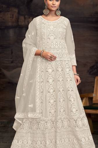 Off white embroidered twill net with chain work semi stitched anarkali suit