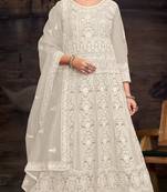 Off white embroidered twill net with chain work semi stitched anarkali suit