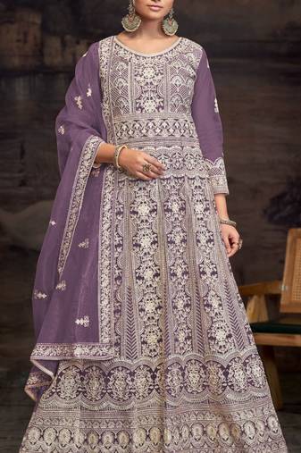 Purple embroidered twill net with chain work semi stitched anarkali suit