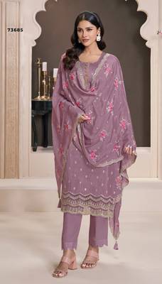 Purple silk embroidered semi-stitched salwar suit 1