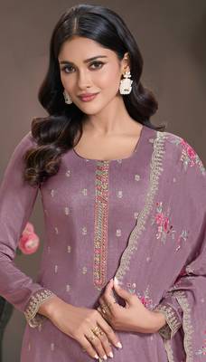 Purple silk embroidered semi-stitched salwar suit 2