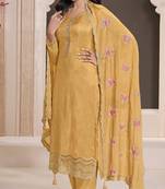 Yellow silk embroidered semi-stitched salwar suit