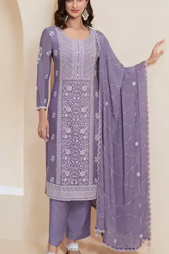 Purple chinon embroidered thread work semi-stitched  salwar suit