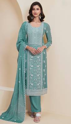 Green chinon embroidered thread work semi-stitched salwar suit 1