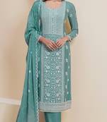 Green chinon embroidered thread work semi-stitched salwar suit