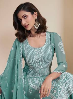 Green chinon embroidered thread work semi-stitched salwar suit 2