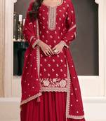 Red chinon embroidered thread work semi-stitched salwar suit