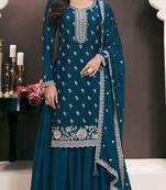 Teal green chinon embroidered thread work semi-stitched salwar suit