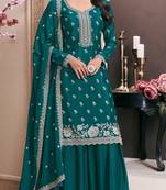 Green chinon embroidered thread work semi-stitched salwar suit