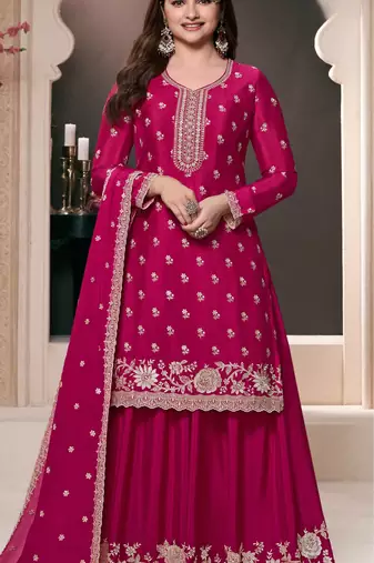 Pink chinon embroidered thread work semi-stitched salwar suit