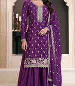 Purple chinon embroidered thread work semi-stitched salwar suit