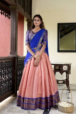 peach Kanchipuram Zari Weaving Work lehenga Choli  1