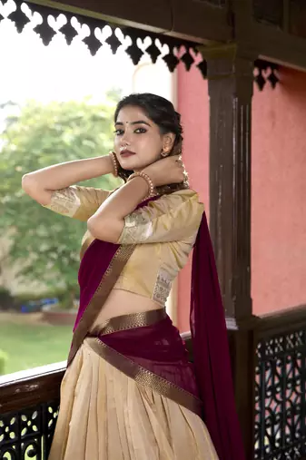 cream Kanchipuram Zari Weaving Work lehenga Choli 