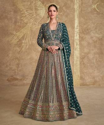 Dark green real gerogette sequin embroidered anarkali salwar suit (Free Size) 1