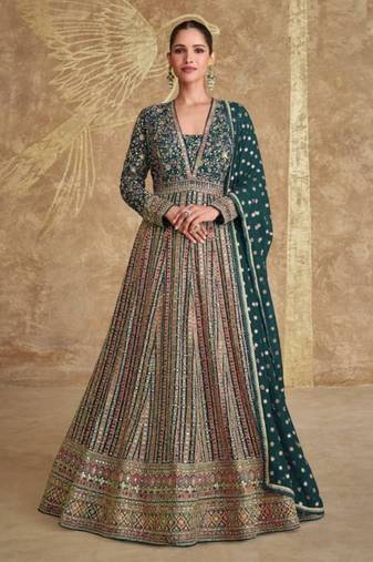 Dark green real gerogette sequin embroidered anarkali salwar suit (Free Size)