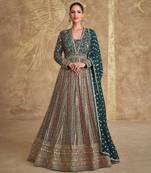 Dark green real gerogette sequin embroidered anarkali salwar suit (Free Size)