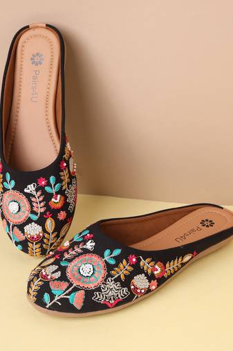 women's mojari jutti ethnic punjabi juttis traditional flat embroidered canvas fancy bellies for womens & girls