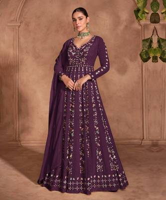 Wine real gerogette sequin embroidered anarkali salwar suit 1