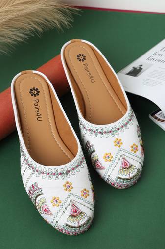 women's mojari jutti ethnic punjabi juttis traditional flat embroidered canvas fancy bellies for womens & girls