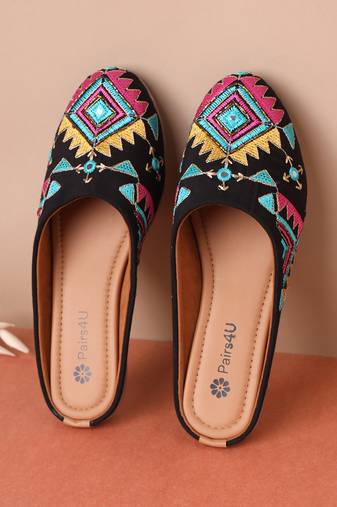women's mojari jutti ethnic punjabi juttis traditional flat embroidered canvas fancy bellies for womens & girls