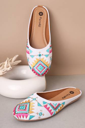 women's mojari jutti ethnic punjabi juttis traditional flat embroidered canvas fancy bellies for womens & girls