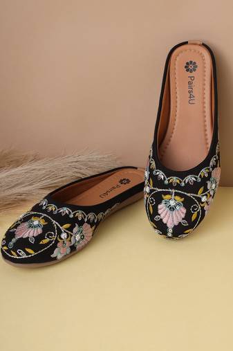 women's mojari jutti ethnic punjabi juttis traditional flat embroidered canvas fancy bellies for womens & girls