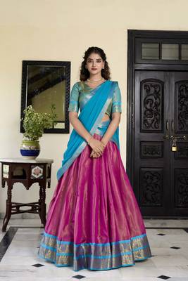pink zari work kanchipuram silk lehenga choli 1