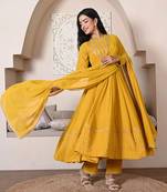 Mustard Anarkali Georgette Suit With Bottom & Dupatta