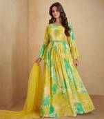 Yellow embroidery digital print and sequins work crepe gown- free size stitched(size upto 42")