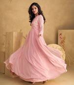 Pink embroidery sequins work georgette gown- free size stitched(size upto 42")