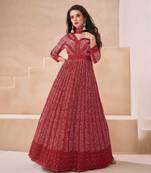 Red embroidery sequins work georgette gown- free size stitched(size upto 42")