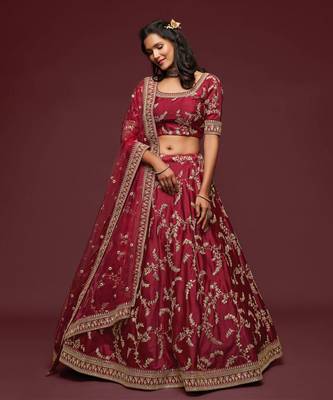 elegance maron dori and sequins embroidered bridal lehenga set choli with dupatta  1