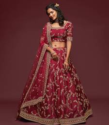 elegance maron dori and sequins embroidered bridal lehenga set choli with dupatta 